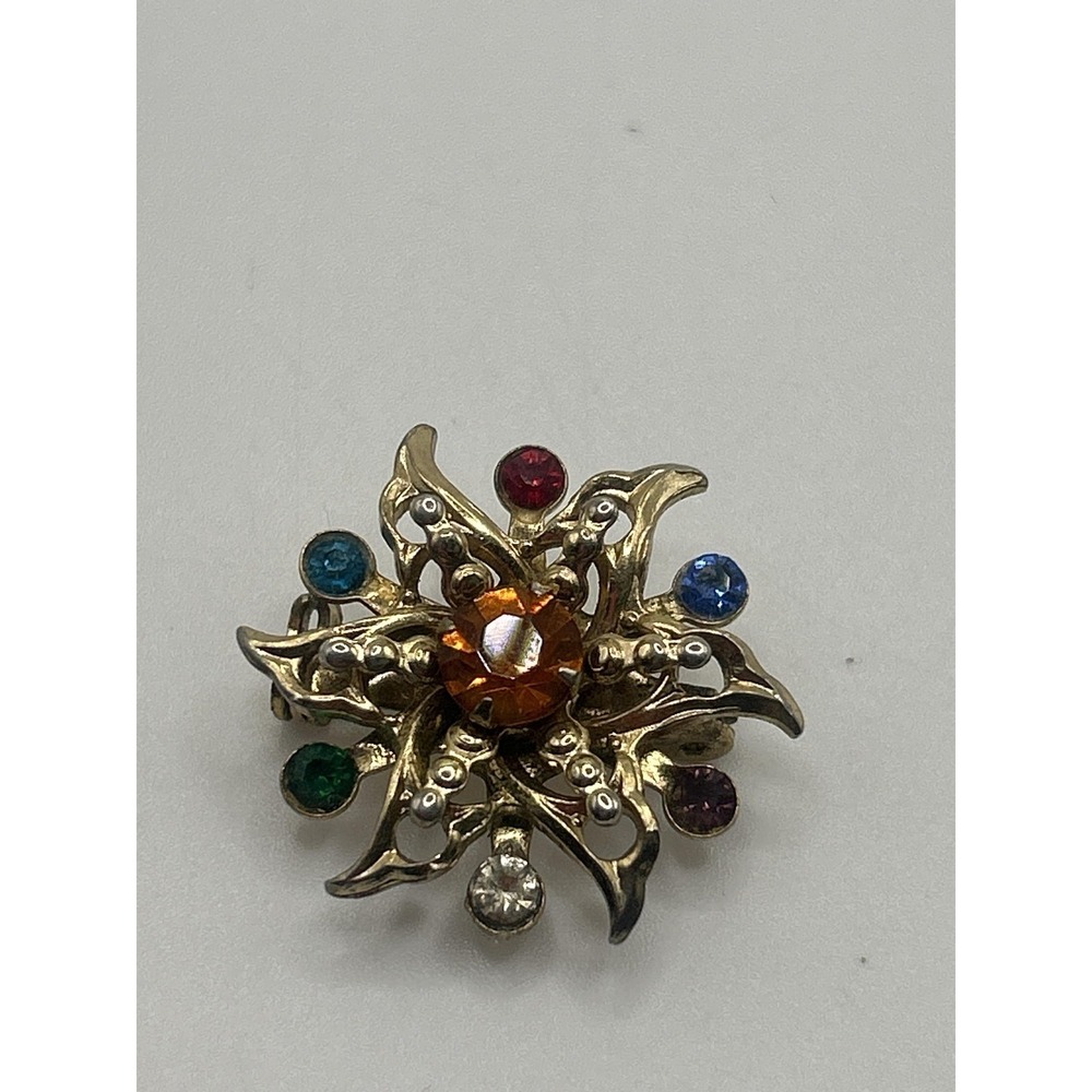 VTG Order of The Eastern Star Gold Tone Brooch Pin Multicolor Rhinestone Costume